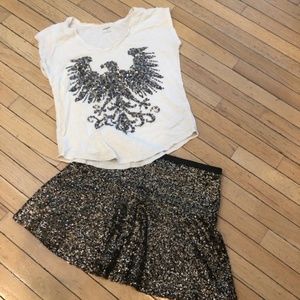 Express gold sequin mini skirt & t shirt sz. 4